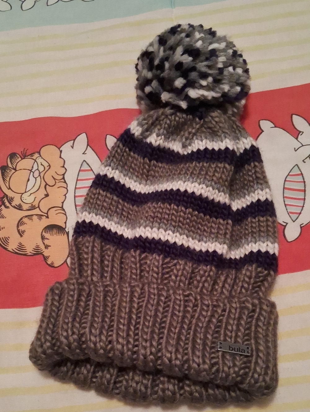 NWOT,Knit Hat-Gray with White & Black Stripes & Cute Pom Pom of Matching Colors